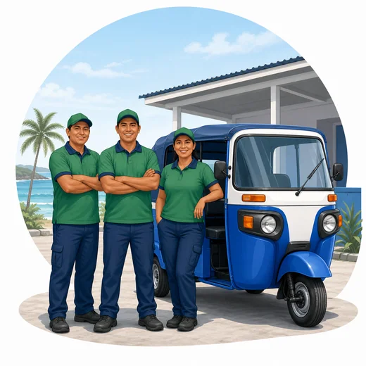 Socios de una cooperativa de movilidad junto a una mototaxi