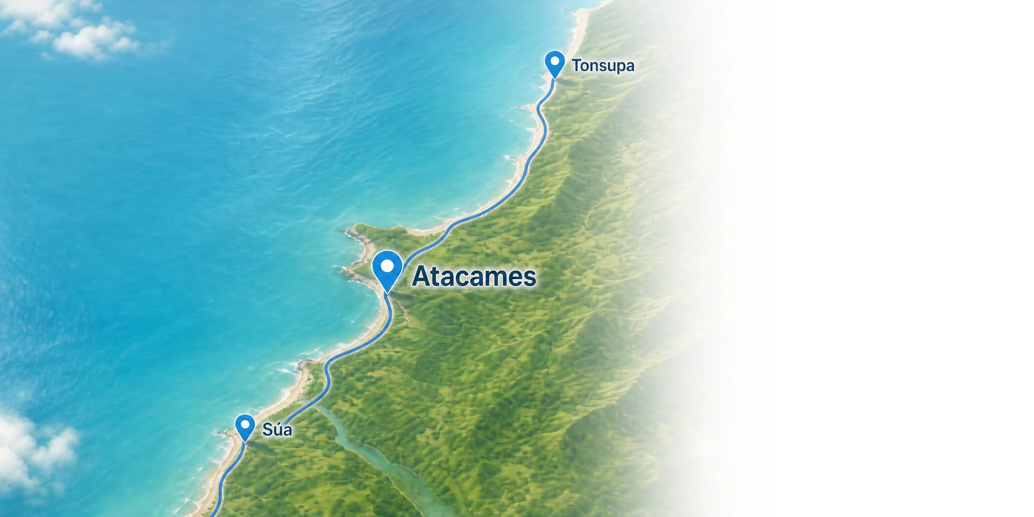 Mapa costero de cobertura con Tonsupa al norte, Atacames en el centro y Súa al sur